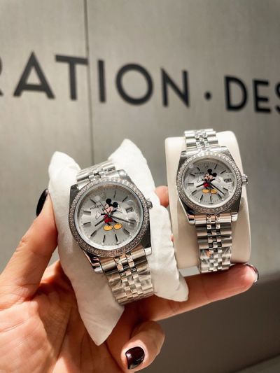 ROLEX Mickey Mouse Quartz Grip White 31mm Contemporary Diamond Bezel Couple Watch